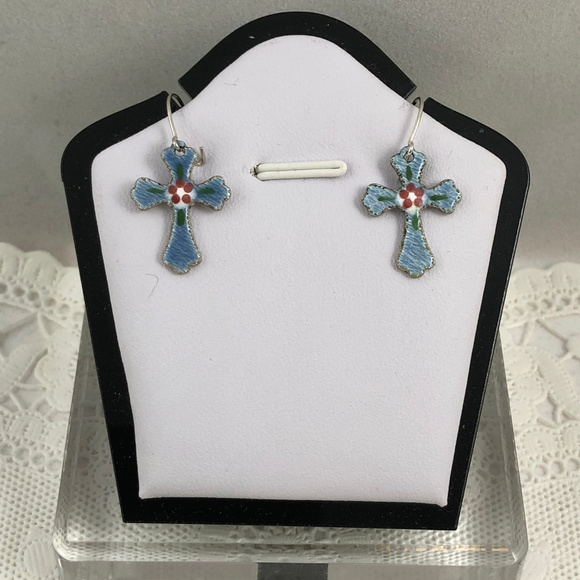 Sold Vintage Blue Enamel Guilloche Cross Drop Earrings - Picture 3 of 3